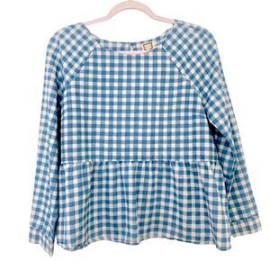 Mo:Vint New York by Anthropologie Women’s Gingham Check Peplum Blue Top SZ Small